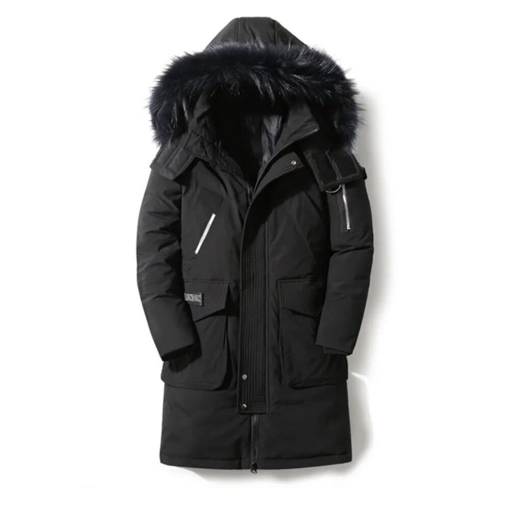 NEW Duck Down Removable Hood Fur Jacket in Black Size M NWOT